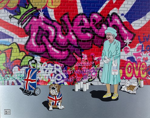 Queen On Union Jack Graffiti Wall by Dylan Izaak - Original Painting on Aluminium